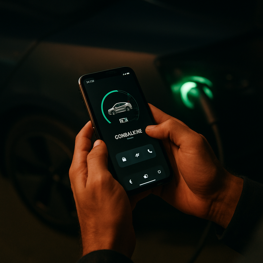 Persona usando la app Cumbreva junto a su vehiculo electrico cargando