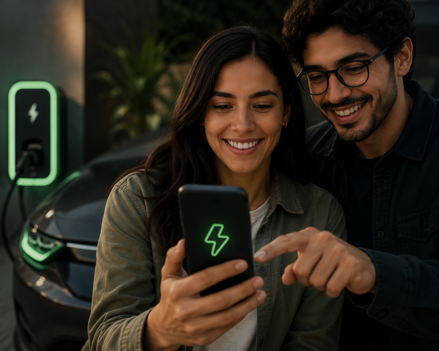 Pareja revisando la autonomia de su carro electrico en la app Cumbreva mientras carga